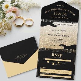 Invitación Todo En Uno Boda de guitarra Purpurina negro y oro