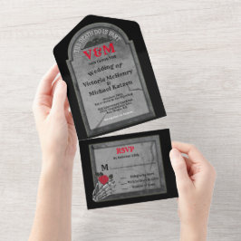 Invitación Todo En Uno Boda de Halloween gótico de Tombstone