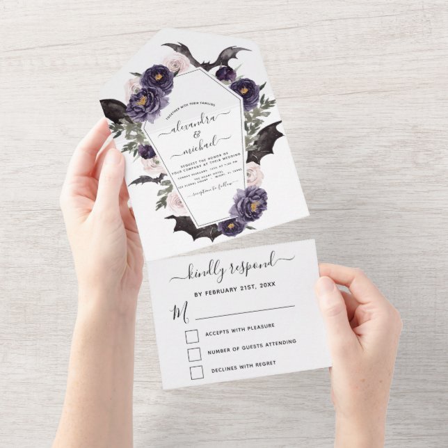 Invitación Todo En Uno Boda de Halloween otoño otoño morado oscuro (desgarro)