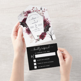 Invitación Todo En Uno Boda de Halloween otoño otoño negro oscuro borgoña