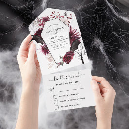 Invitación Todo En Uno Boda de Halloween otoño otoño negro oscuro borgoña