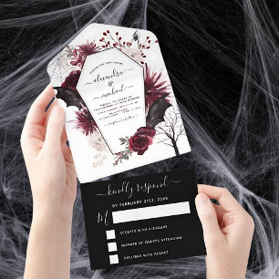 Invitación Todo En Uno Boda de Halloween otoño otoño negro oscuro borgoña