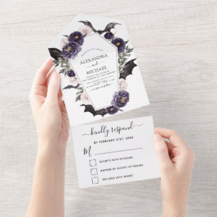 Invitación Todo En Uno Boda de Halloween otoño otoño oscuro morado RSVP