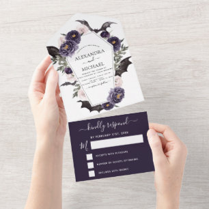 Invitación Todo En Uno Boda de Halloween otoño otoño oscuro morado RSVP