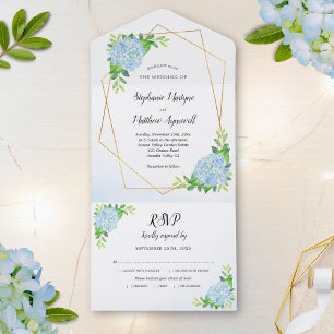 Invitación Todo En Uno Boda de hidrangea azul geométrica floral moderna
