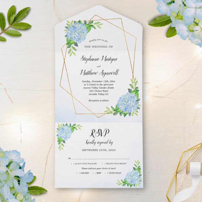 Invitación Todo En Uno Boda de hidrangea azul geométrica floral moderna (Subido por el creador)
