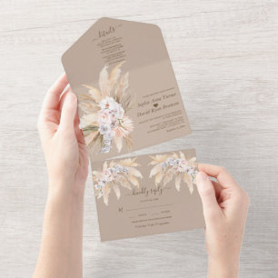 Invitación Todo En Uno Boda de hierba de Pampas acuarela Orquídeas Rosas 