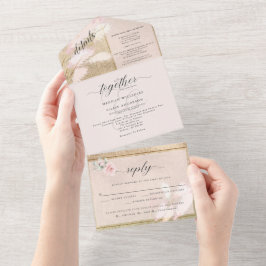 Invitación Todo En Uno Boda de hierba de Pampas con rubor y dorado