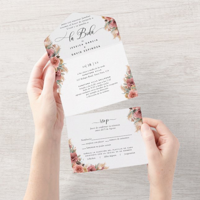 Invitación Todo En Uno Boda de hierba de Pampas desecha RSVP (desgarro)