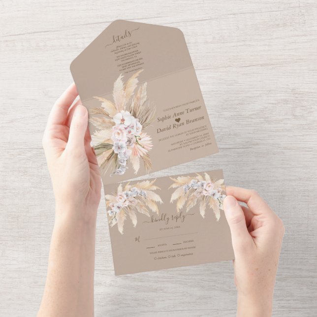 Invitación Todo En Uno Boda de hierba de Pampas en acuarela con orquídeas (desgarro)