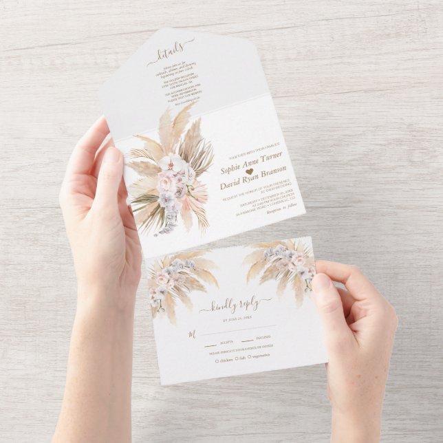 Invitación Todo En Uno Boda de hierba de Pampas encantadora orquídea blan (desgarro)