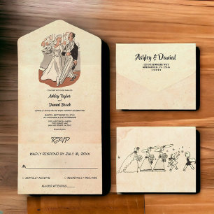 Invitación Todo En Uno Boda de historietas de parejas de estilo antiguo r