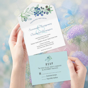 Invitación Todo En Uno Boda de hoja de bayas con borde azul superior mini