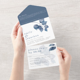 Invitación Todo En Uno Boda de Hojas Azules con Acuarela Moderna