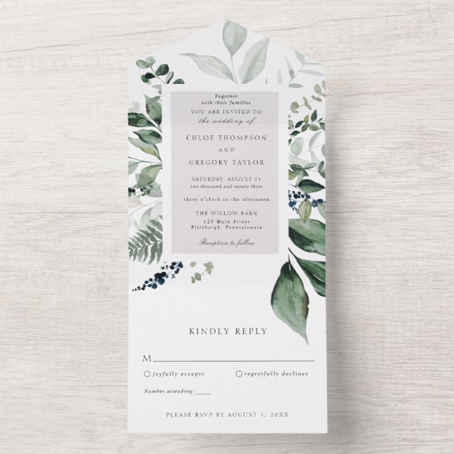 Invitación Todo En Uno Boda de hojas botánicas y vegetación (Interior)