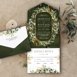 Invitación Todo En Uno Boda de hojas de olivo doradas en verde oscuro rús