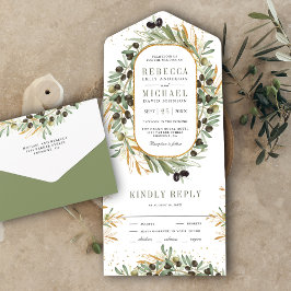 Invitación Todo En Uno Boda de Hojas de Olivo Doradas Verde Salvia Rústic