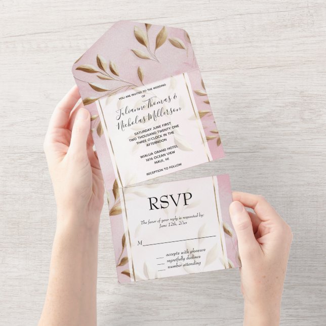 Invitación Todo En Uno Boda de hojas de oro rosas de Rubor (desgarro)