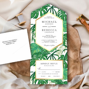 Invitación Todo En Uno Boda de Hojas de Palma Monstera Tropical Verde