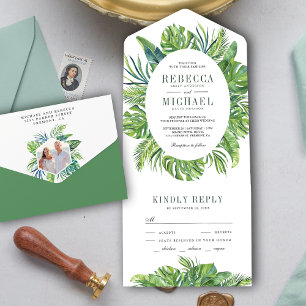 Invitación Todo En Uno Boda de Hojas de Palma Monstera Tropicales Moderna