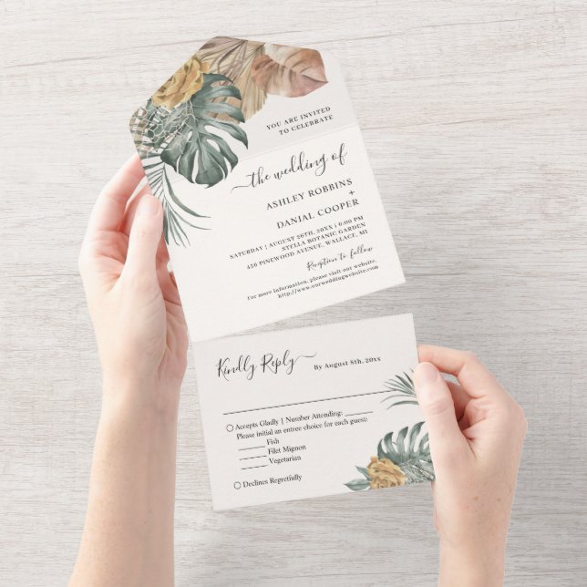 Invitación Todo En Uno Boda de hojas tropicales bohemias (desgarro)