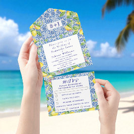 Invitación Todo En Uno Boda de Iniciales Rústicas de Lemones de Azulejos 