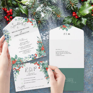 Invitación Todo En Uno Boda de Invierno Acuarela Acebo y Bayas