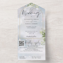 Invitación Todo En Uno Boda de invierno con código QR en arco dorado y ve