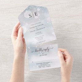 Invitación Todo En Uno Boda de invierno con monograma negro y dorado