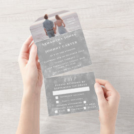 Invitación Todo En Uno Boda de invierno con nieve gris y maravilla