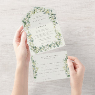 Invitación Todo En Uno Boda de invierno con Snowberry verde/crema + Eucal