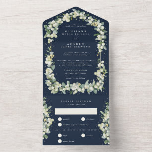 Invitación Todo En Uno Boda de invierno de la Marina Oscura Snowberry+Euc