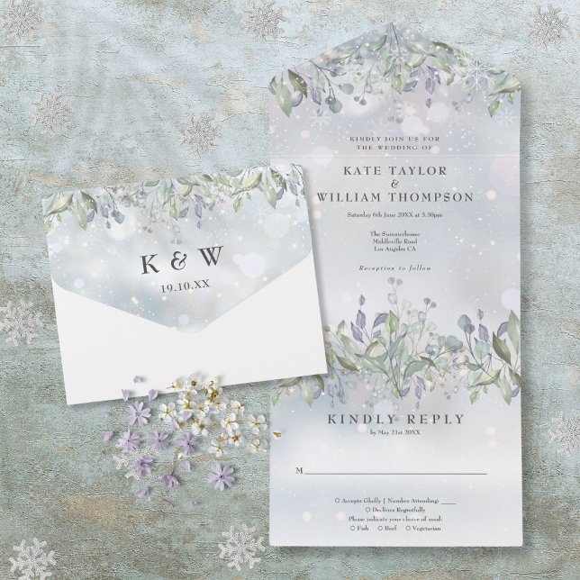 Invitación Todo En Uno Boda De Invierno De Salto Floral Y Monograma Lilac (Floral Sage And Lilac Monogram Winter Wedding All In One Invitation)