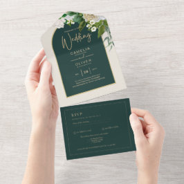 Invitación Todo En Uno Boda de Invierno del Oro Verde Forestal Roses Blan
