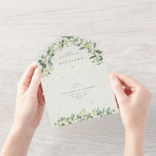 Invitación Todo En Uno Boda de invierno elegante crema Snowberry + Eucali