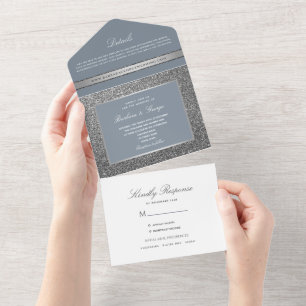 Invitación Todo En Uno Boda de Invierno Elegante Plateado con Brillo