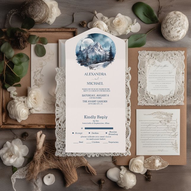 Invitación Todo En Uno Boda de invierno en bosque de montaña con acuarela (Subido por el creador)