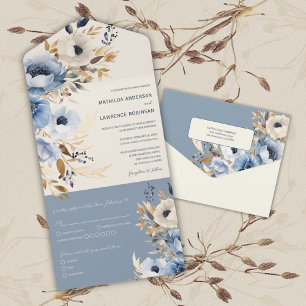 Invitación Todo En Uno Boda de invierno floral dorada azul polvorienta