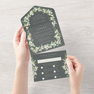 Invitación Todo En Uno Boda de invierno formal con snowberry verde y euca