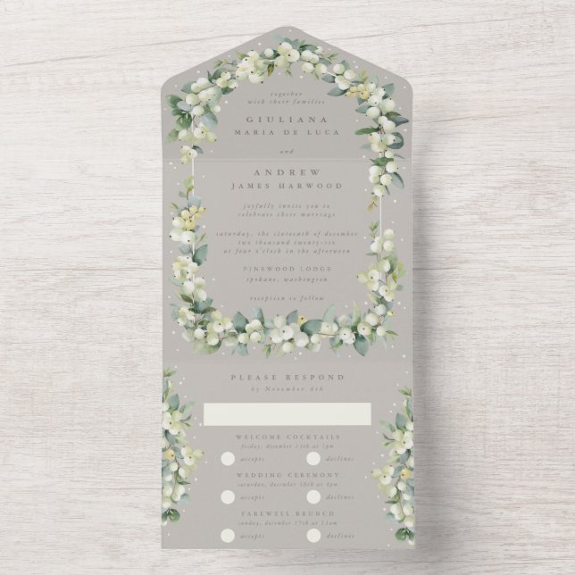 Invitación Todo En Uno Boda de Invierno Greige Snowberry+Eucalyptus (Interior)