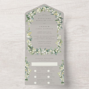 Invitación Todo En Uno Boda de Invierno Greige Snowberry+Eucalyptus