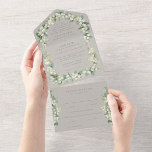 Invitación Todo En Uno Boda de Invierno Greige Snowberry+Eucalyptus