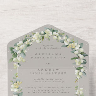 Invitación Todo En Uno Boda de Invierno Greige Snowberry+Eucalyptus