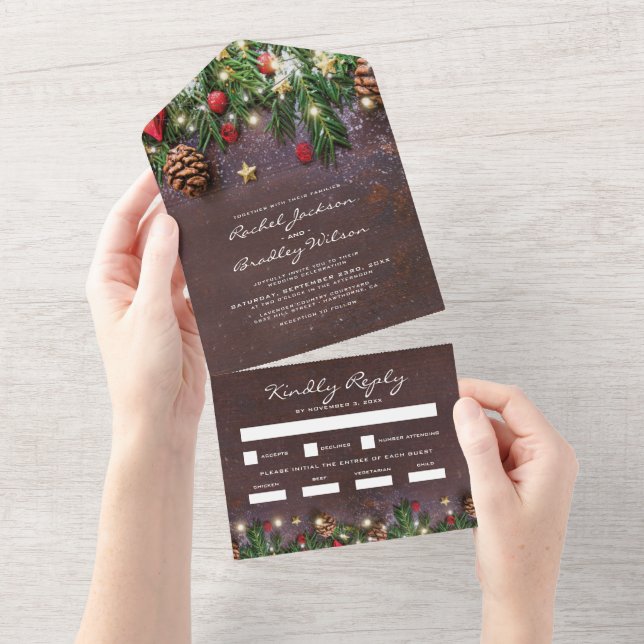 Invitación Todo En Uno Boda de invierno rústica de Navidad 3 en 1 (desgarro)