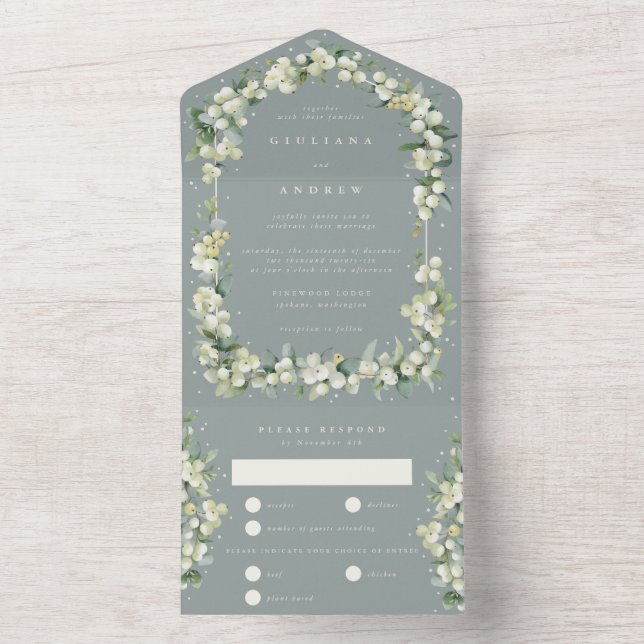 Invitación Todo En Uno Boda de Invierno Seafoam Green Snowberry+Eucalyptu (Interior)