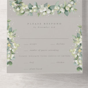 Invitación Todo En Uno Boda de invierno Taupe/Greige Snowberry+Eucalyptus