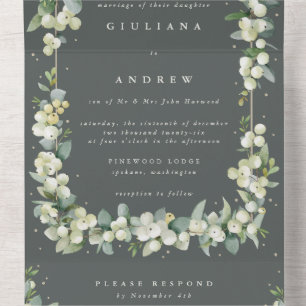 Invitación Todo En Uno Boda de Invierno Verde Formal + Eucalyptus