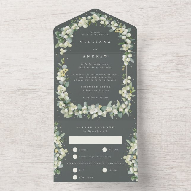 Invitación Todo En Uno Boda de invierno Verde Gris y Eucalyptus (Interior)