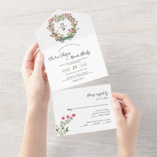 Invitación Todo En Uno Boda de jardín con corona floral de crest watercol