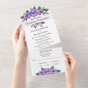 Invitación Todo En Uno Boda de jardín de flores moradas y rosas de bonito
